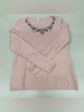CHICO’S WOMENS LIGHT PEACH PINK SWEATER WITH BEADED NECKLINE